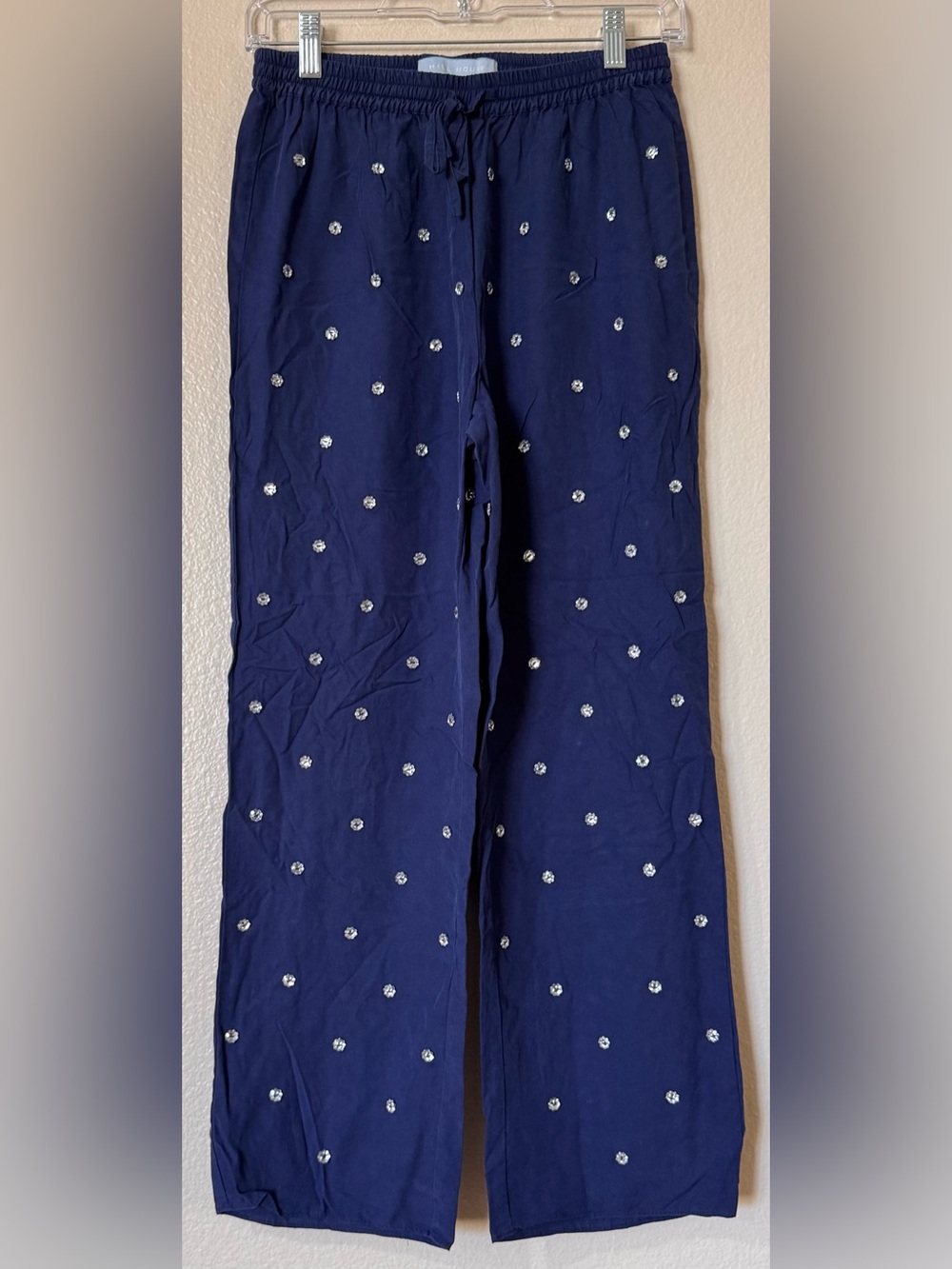 Hill House Home Gemma Lyocell Wide Leg Pants Crystal Jewel Embellished Navy S